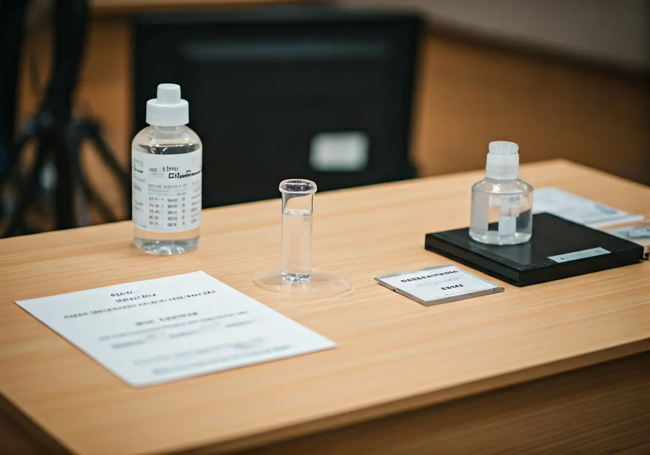 A neatly arranged set of fit testing equipment on a table. 35mm stock photo