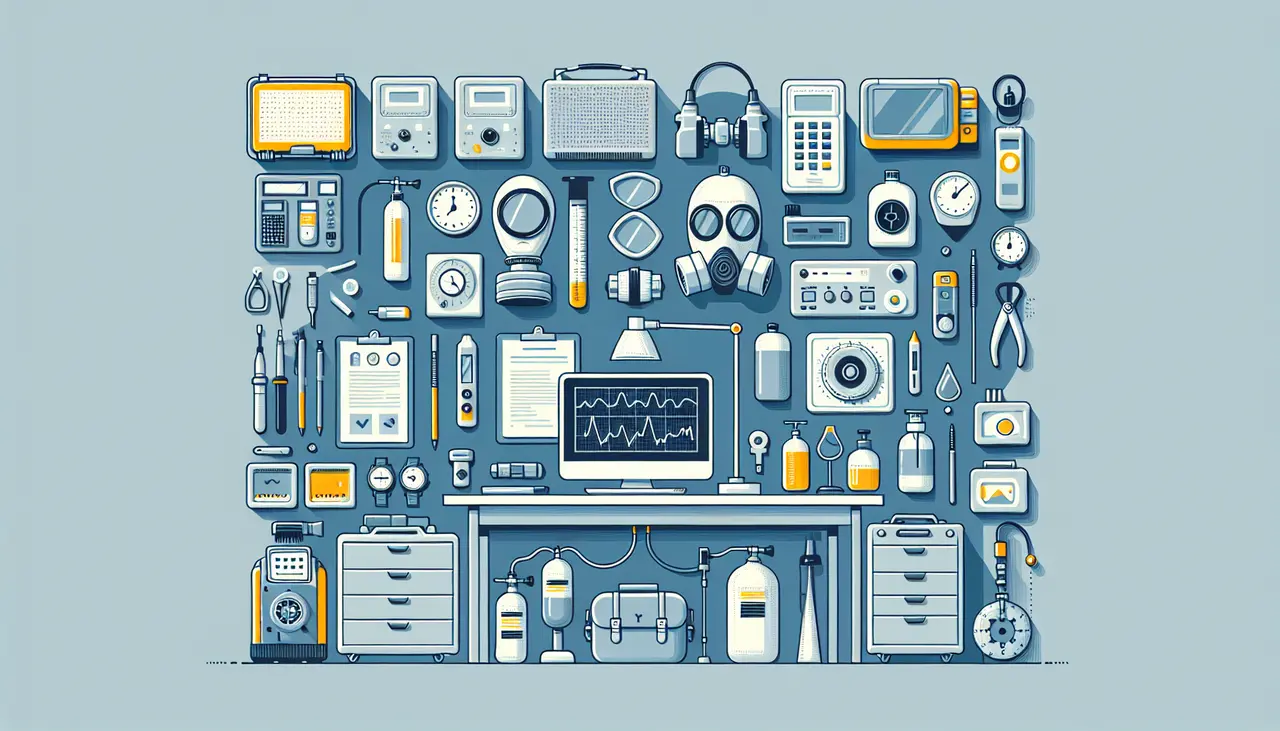 Draw a graphic in flat design style. An organized workspace featuring various fit testing supplies, including respirators and calibration tools, with a minimalist color palette.