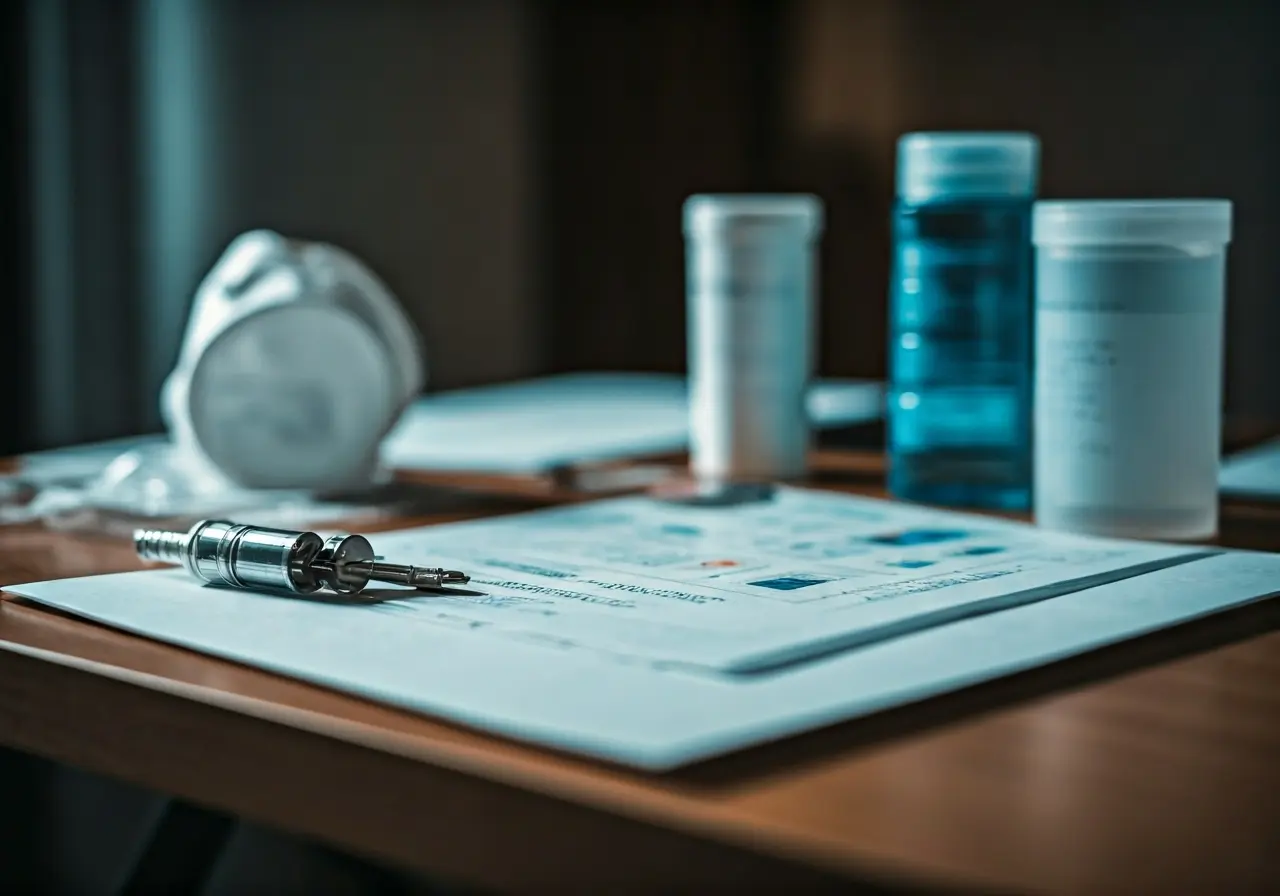 A close-up of various fit testing kits on a table. 35mm stock photo